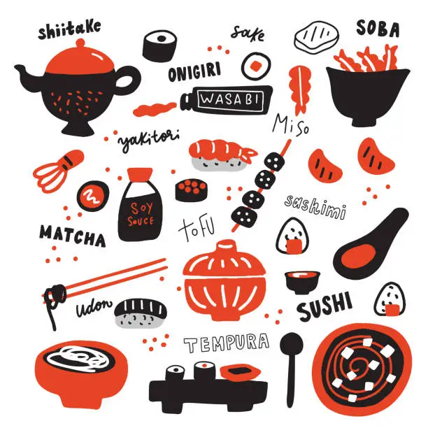 Vector illustration of Set of Hand drawn japanese food and its names. Doodles. typography. Made in vector.