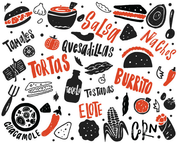 mexikanische street-food-illustration mit handgezeichneten schriftzügen und elementen. verschiedene mexikanische gerichte. - mexikanische küche stock-grafiken, -clipart, -cartoons und -symbole