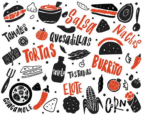 Mexican street food illustration with hand drawn lettering and elements. of different mexican dishes. Typography poster.