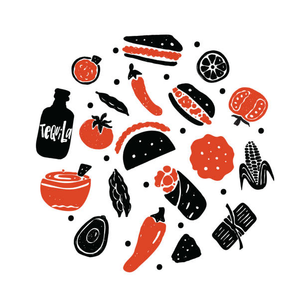 mexikanische street-food. illustration verschiedener mexikanischer speisen im kreis. vektor. - mexikanische küche stock-grafiken, -clipart, -cartoons und -symbole