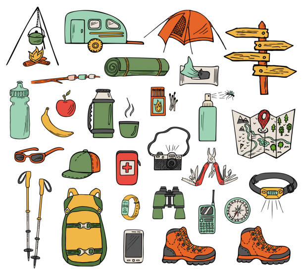 handgezeichnete camping-vektorsymbole - doodle map drawing sunglasses stock-grafiken, -clipart, -cartoons und -symbole