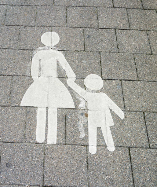 Pedestrian path with sign Woman and child