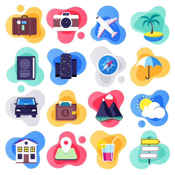 Summer Tour Vacation & Travels Flat Flow Style Vector Icon Set Summer tour vacation and travels liquid flat flow style concept symbols. Flat design vector icons set for infographics, mobile and web designs. airplane illustrations stock illustrations