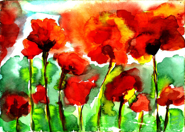 istock Hand drawn watercolor illustration abstract background leaves grass poppies 1137396278