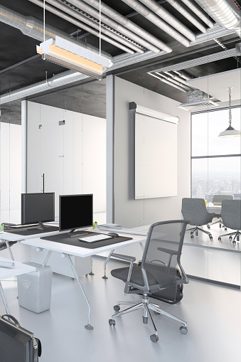 Modern open plan office interior with big window. Office desks with computers, office chairs, pendant lamp, projector screen and black ceiling. Template for copy space. Render.