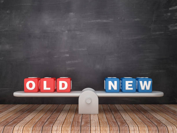 istock Seesaw Scale with OLD NEW Cubes on Chalkboard Background - 3D Rendering 1137399688