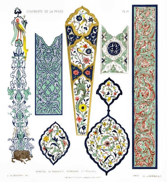 illustrazioni stock, clip art, cartoni animati e icone di tendenza di miniature di manoscritti armeni e persiani, da ornamenti persiani 1883 - thumbnails