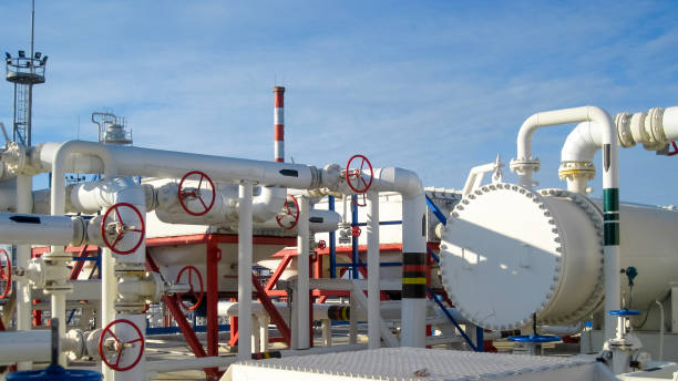 heat exchangers in a refinery. heated gasoline air cooler. the e - pyrolysis imagens e fotografias de stock