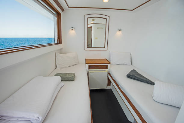 Cabin in a luxury private motor yacht stock photo