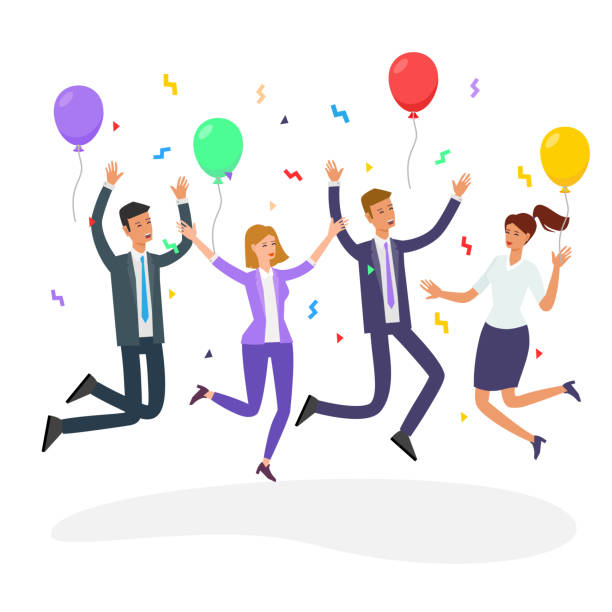 Office party people vector Business people jumping. Happy office party with confetti and balloons. Flat vector illustration office parties stock illustrations