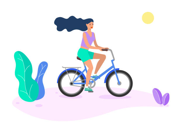 Girl riding a bicycle in flat design isolated vector art illustration