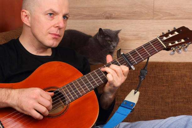 istock the man sitting on the sofa with the cat plays classical guitar 1137401216
