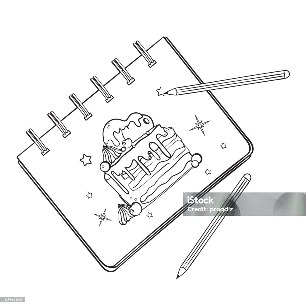 Sketchbook with a picture of a cake. Sketchbook with a picture of a cake. Notebook with a picture. Pencil in the process of drawing. Art stock vector