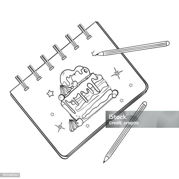 Sketchbook With A Picture Of A Cake Stock Illustration - Download Image Now - Art, Baked Pastry Item, Berry