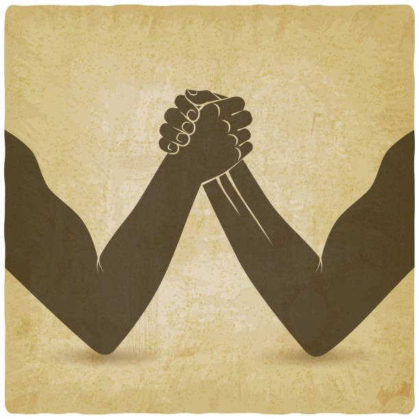 Arm wrestling. Two men hands shaking silhouette vintage background Arm wrestling. Two men hands shaking silhouette vintage background. vector illustration - eps 10 arm wrestling stock illustrations