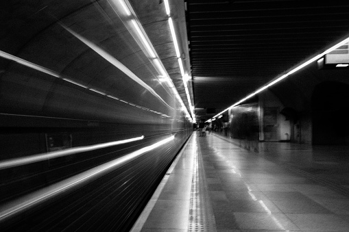 São Paulo, Brazil, March 17, 2019 - Subway passing fastly at Consolação Subway Station in São Paulo, Brazil