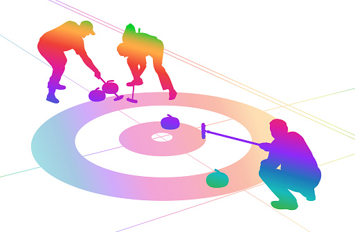 Curling in action, rainbow coloured silhouette vector illustration