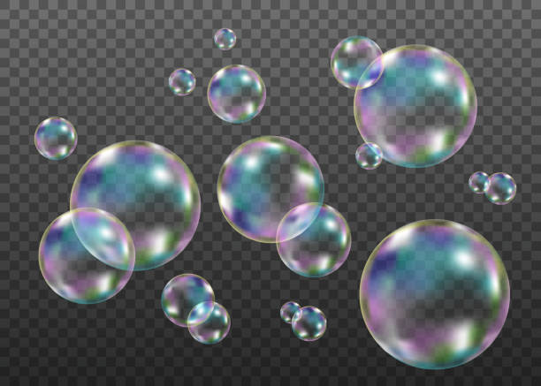 красочные мыльные пузыри с отражением радуги. - soap sud bubble mid air circle stock illustrations
