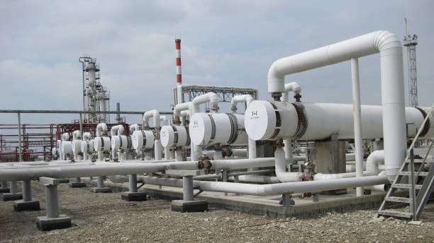 istock Heat exchangers at oil refinery. 1137404805