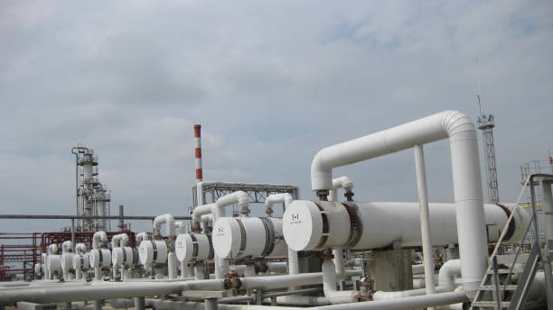 istock Heat exchangers at oil refinery. 1137404807