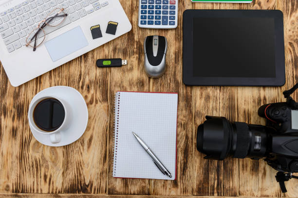 istock Top view on laptop, digital camera and tablet 1137406102
