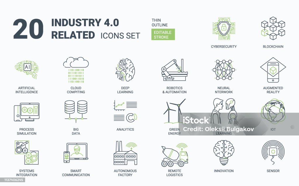 Industry 4.0 Simple Icons Set with Editable Stroke and Linear Style Industry 4.0 icons set. Contains such icons as internet, automation, Artificial Inteligence, Augmented Reality, Machine Learning, Process Simulation, Neural Network Cybersecurity Icon Symbol stock vector