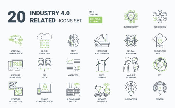 Industry 4.0 Simple Icons Set with Editable Stroke and Linear Style Industry 4.0 icons set. Contains such icons as internet, automation, Artificial Inteligence, Augmented Reality, Machine Learning, Process Simulation, Neural Network Cybersecurity industry drawings stock illustrations