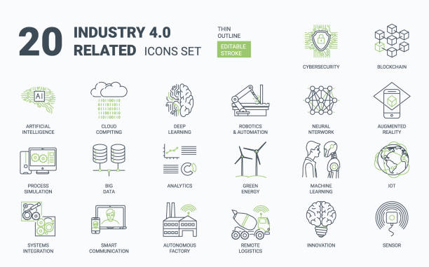Industry 4.0 Simple Icons Set with Editable Stroke and Linear Style Industry 4.0 icons set. Contains such icons as internet, automation, Artificial Inteligence, Augmented Reality, Machine Learning, Process Simulation, Neural Network Cybersecurity iot logo stock illustrations