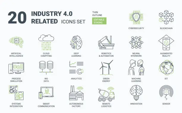 Vector illustration of Industry 4.0 Simple Icons Set with Editable Stroke and Linear Style