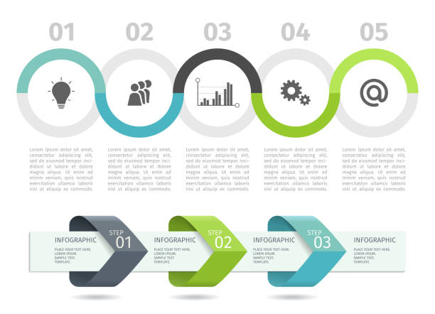 스텝 업 옵션과 함께 인포 그래픽 프로세스 차트 및 화살표. 벡터 템플릿입니다. - infographic data symbol sign stock illustrations