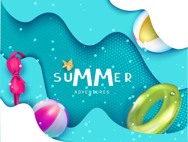 istock Summer poster with inflatable toys in swimming pool water. View above. Vector illustration 1137409618