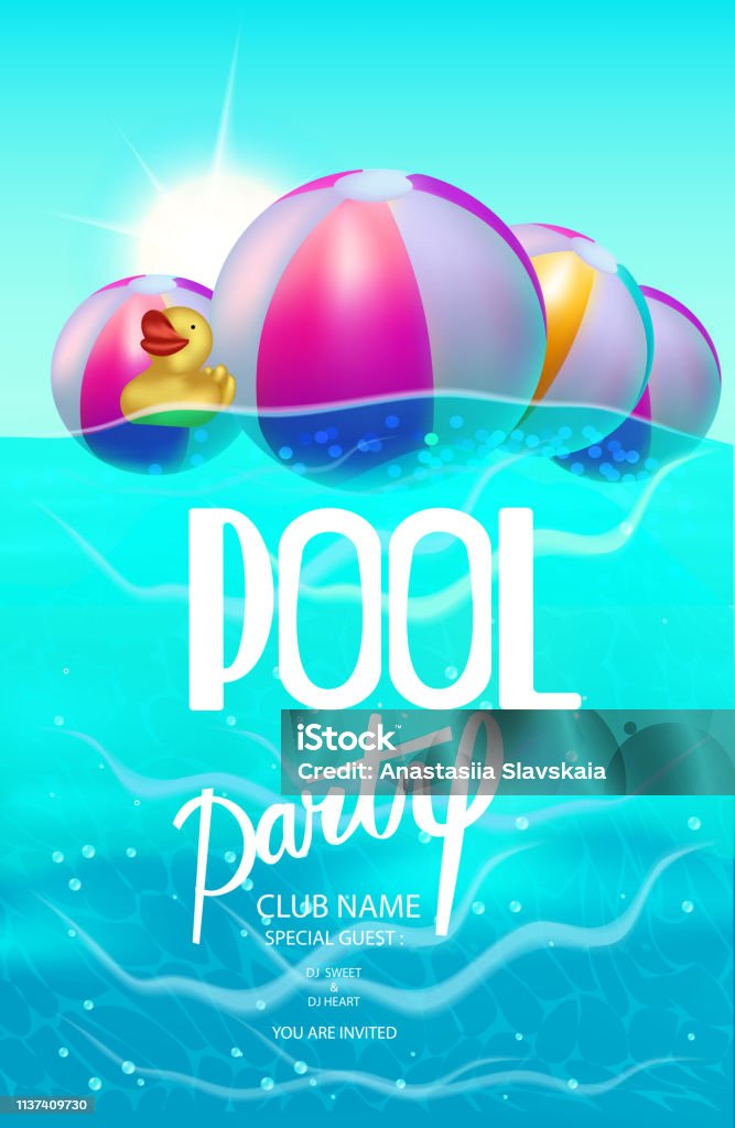 Affiche de piscine avec boules gonflables et jouet en caoutchouc dans l'eau de piscine de natation.  Illustration vectorielle - clipart vectoriel de Piscine libre de droits