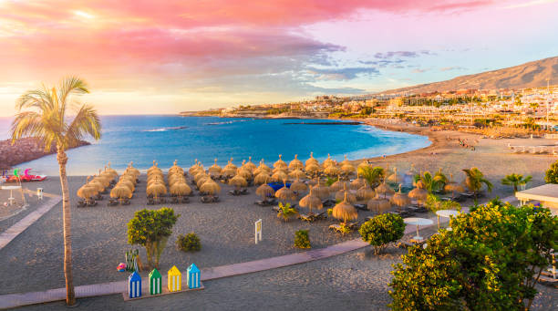 spiaggia di fanabe al tramonto - tenerife foto e immagini stock