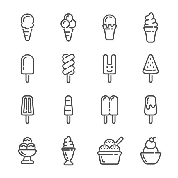 ilustraciones, imágenes clip art, dibujos animados e iconos de stock de conjunto de iconos de contorno de helado y paletas. ilustración vectorial. - polo comida dulce congelada