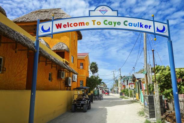 歡迎來到貝里斯加勒比海島的凱伊·考爾克問候語標誌 - 伯利茲 個照片及圖片檔