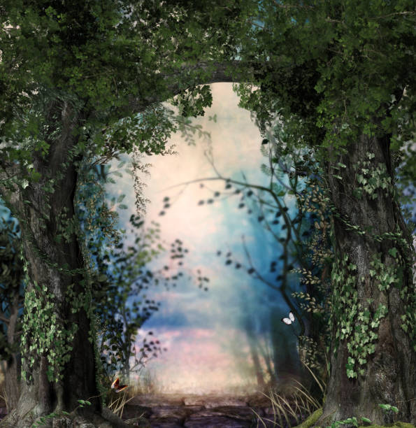 stonepath through a magical lush forest - fairy forest fairy tale mist imagens e fotografias de stock