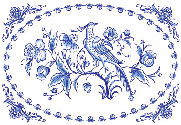 фантастическая сказочная птица и цветок, голландский стиль - фарфор stock illustrations