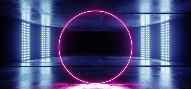 istock Circle Neon Glowing Blue Purple Vibrant Background On Grunge Concrete Asphalt Reflective Spectrum Laser Show Optical Illusion Virtual Reality Empty Dark Sci Fi Futuristic Garage Room 3D Rendering 1137421105