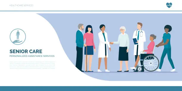 Vector illustration of Seniors with team of professional caregivers and doctors