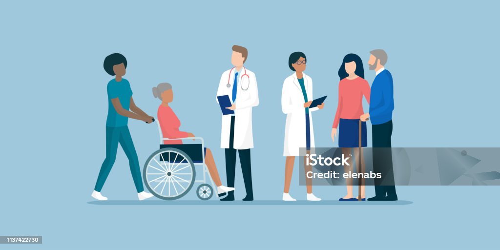 Seniors with team of professional caregivers and doctors Professional caregivers and doctors meeting and supporting senior citizens and their families, senior care and medical assistance concept Doctor stock vector