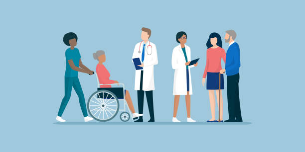 Seniors with team of professional caregivers and doctors Professional caregivers and doctors meeting and supporting senior citizens and their families, senior care and medical assistance concept standing illustrations stock illustrations