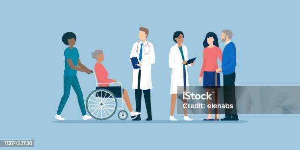 Seniors With Team Of Professional Caregivers And Doctors Stock Illustration - Download Image Now
