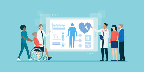 ilustrações de stock, clip art, desenhos animados e ícones de medical team examining senior patients using a tablet - doutor ilustrações