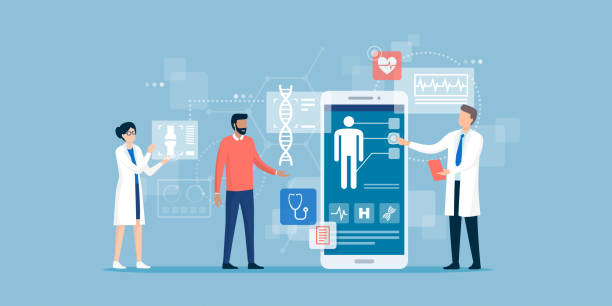 ilustrações de stock, clip art, desenhos animados e ícones de doctors examining a patient using a medical app - doutor ilustrações