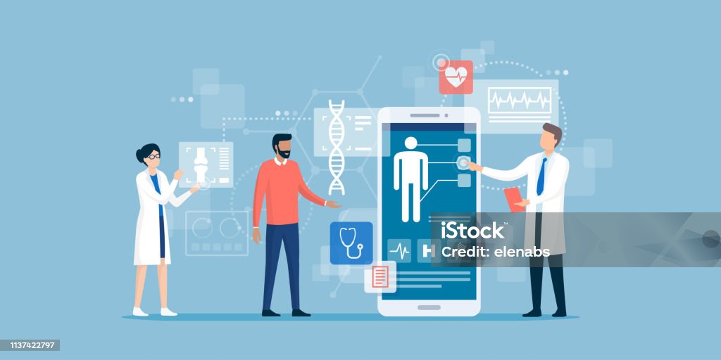 Doctors examining a patient using a medical app Doctors examining a patient using a medical app on a smartphone, online medical consultation and technology concept Healthcare And Medicine stock vector