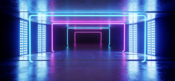 istock Rectangle Neon Glowing Blue Purple Vibrant Background On Grunge Concrete Asphalt Reflective Spectrum Laser Show Optical Illusion Virtual Reality Empty Dark Sci Fi Futuristic Garage Room 3D Rendering 1137424189