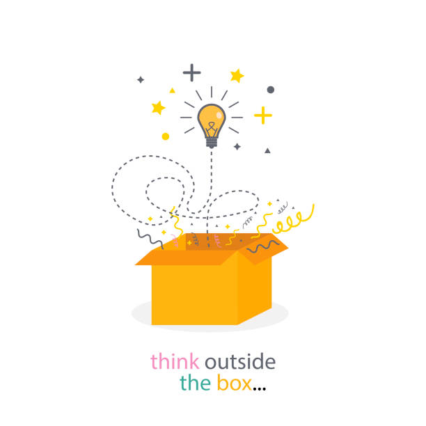 ilustrações de stock, clip art, desenhos animados e ícones de box think outside. light bulb line concept. creativity idea. think good idea. - vector - box thinking creativity inspiration