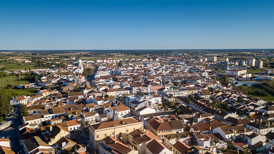 Aerial view of the village of Benavente in Santarem, Ribatejo Portugal.