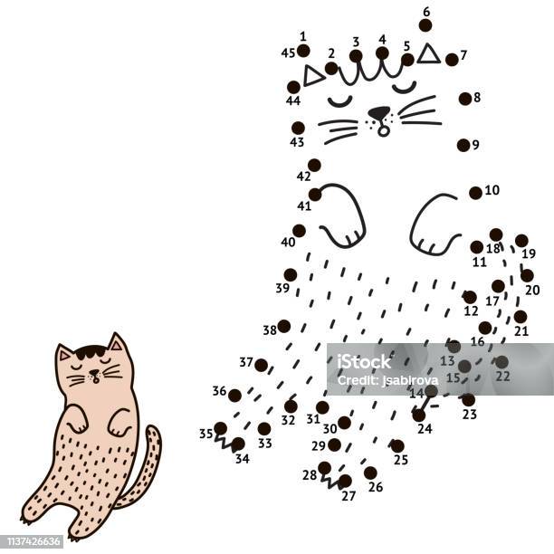 Connect The Dots And Draw A Sleeping Cat Stock Illustration - Download Image Now - Activity, Sheet - Bedding, Animal