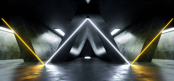 istock Neon Glowing White Yellow Triangle Shaped Sci Fi Grunge Concrete Dark Futuristic Asphalt Empty Optical Spectrum Virtual Reality Reflective Hall Garage Stage Tunnel 3D Rendering 1137427253